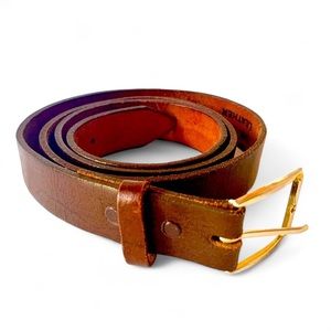 Men’s Belt Sz 44 Top Grain Oil Tanned Leather Brown Brass Buckle 1-1/8” Wide